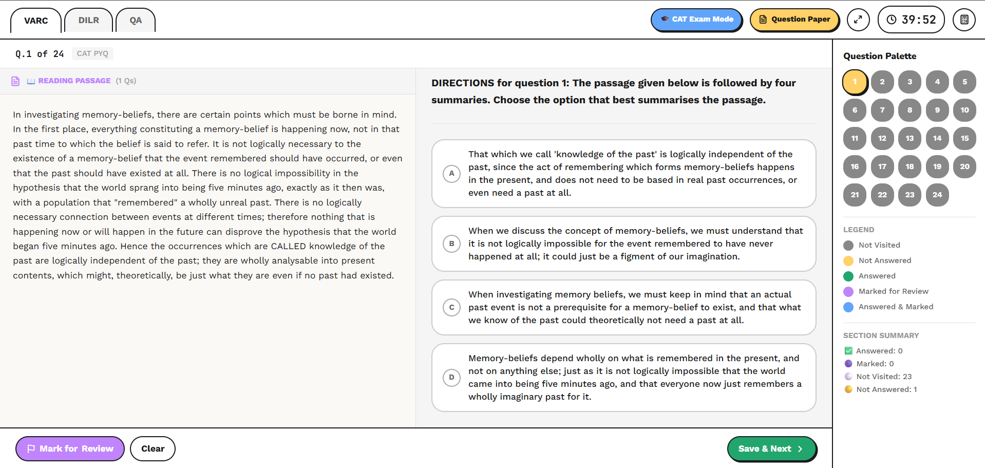 CATin's clean mock test interface with passage, options, question palette and timer